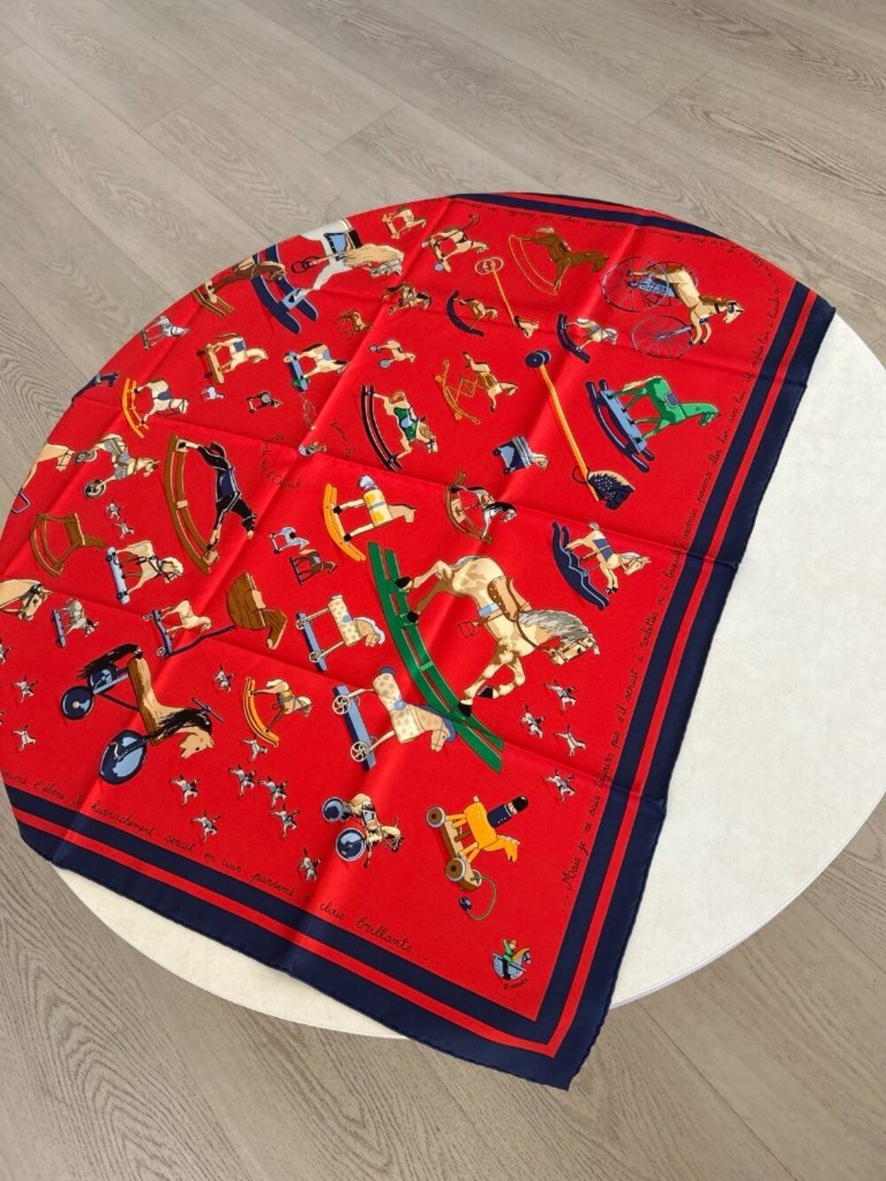 Hermès Raconte-moi le Cheval Silk Carré 90 Scarf Red Navy w/ Box